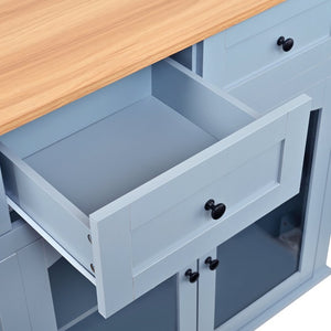 English Elm 54.2 Inch Rolling Kitchen Island with Glass Cabinet Open Shelves and Built in Prep Storage Blue Gray N767P426850E