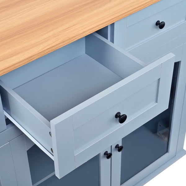 English Elm 54.2 Inch Rolling Kitchen Island with Glass Cabinet Open Shelves and Built in Prep Storage Blue Gray N767P426850E