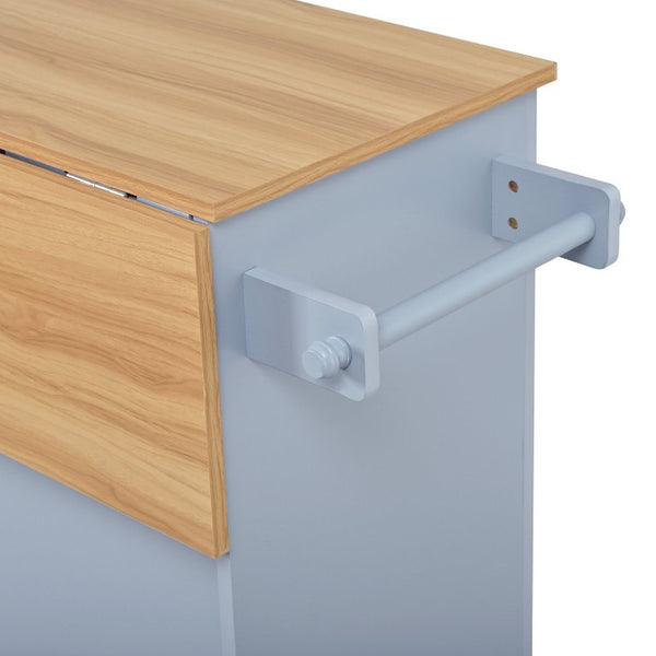 English Elm 54.2 Inch Rolling Kitchen Island with Glass Cabinet Open Shelves and Built in Prep Storage Blue Gray N767P426850E