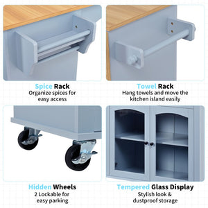 English Elm 54.2 Inch Rolling Kitchen Island with Glass Cabinet Open Shelves and Built in Prep Storage Blue Gray N767P426850E