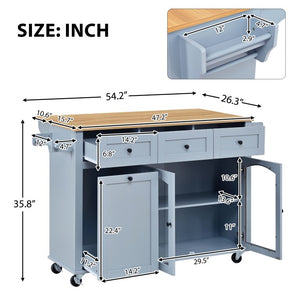 English Elm 54.2 Inch Rolling Kitchen Island with Glass Cabinet Open Shelves and Built in Prep Storage Blue Gray N767P426850E
