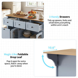 English Elm 54.2 Inch Rolling Kitchen Island with Glass Cabinet Open Shelves and Built in Prep Storage Blue Gray N767P426850E