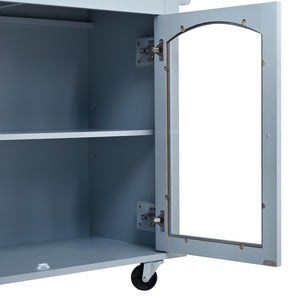 English Elm 54.2 Inch Rolling Kitchen Island with Glass Cabinet Open Shelves and Built in Prep Storage Blue Gray N767P426850E