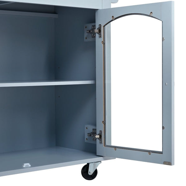 English Elm 54.2 Inch Rolling Kitchen Island with Glass Cabinet Open Shelves and Built in Prep Storage Blue Gray N767P426850E