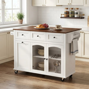 English Elm 54.2 Inch Rolling Kitchen Island with Glass Cabinet Open Shelves and Built in Prep Storage White+Walnut N767P426850W