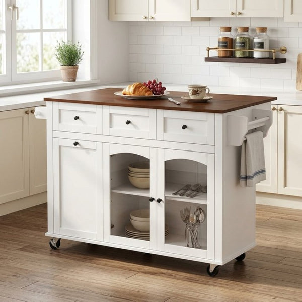 English Elm 54.2 Inch Rolling Kitchen Island with Glass Cabinet Open Shelves and Built in Prep Storage White+Walnut N767P426850W