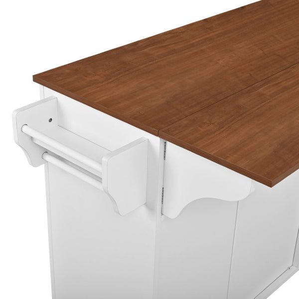 English Elm 54.2 Inch Rolling Kitchen Island with Glass Cabinet Open Shelves and Built in Prep Storage White+Walnut N767P426850W