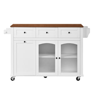 English Elm 54.2 Inch Rolling Kitchen Island with Glass Cabinet Open Shelves and Built in Prep Storage White+Walnut N767P426850W