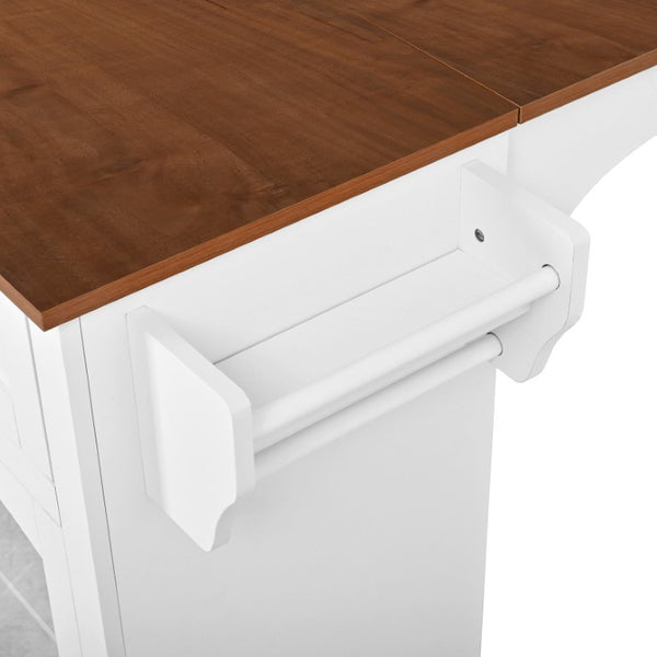 English Elm 54.2 Inch Rolling Kitchen Island with Glass Cabinet Open Shelves and Built in Prep Storage White+Walnut N767P426850W
