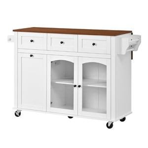 English Elm 54.2 Inch Rolling Kitchen Island with Glass Cabinet Open Shelves and Built in Prep Storage White+Walnut N767P426850W