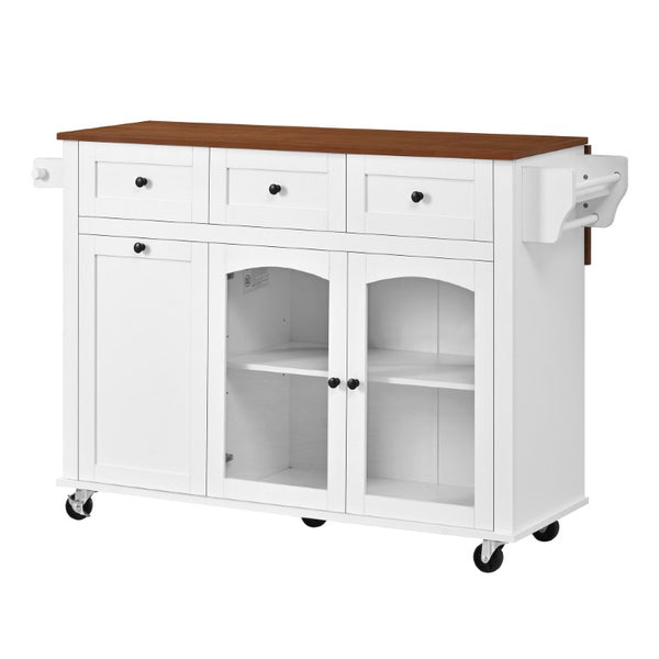 English Elm 54.2 Inch Rolling Kitchen Island with Glass Cabinet Open Shelves and Built in Prep Storage White+Walnut N767P426850W