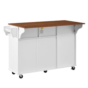 English Elm 54.2 Inch Rolling Kitchen Island with Glass Cabinet Open Shelves and Built in Prep Storage White+Walnut N767P426850W