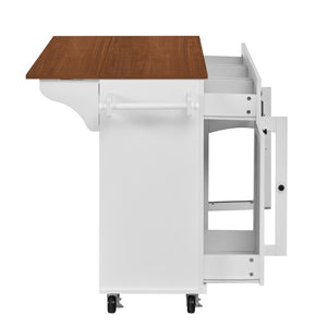 English Elm 54.2 Inch Rolling Kitchen Island with Glass Cabinet Open Shelves and Built in Prep Storage White+Walnut N767P426850W