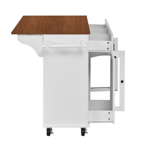 English Elm 54.2 Inch Rolling Kitchen Island with Glass Cabinet Open Shelves and Built in Prep Storage White+Walnut N767P426850W