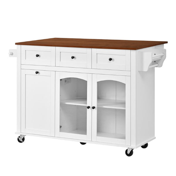 English Elm 54.2 Inch Rolling Kitchen Island with Glass Cabinet Open Shelves and Built in Prep Storage White+Walnut N767P426850W