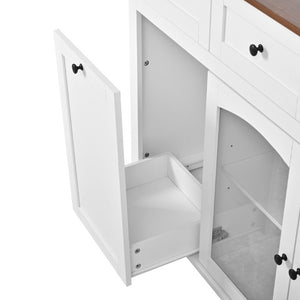 English Elm 54.2 Inch Rolling Kitchen Island with Glass Cabinet Open Shelves and Built in Prep Storage White+Walnut N767P426850W
