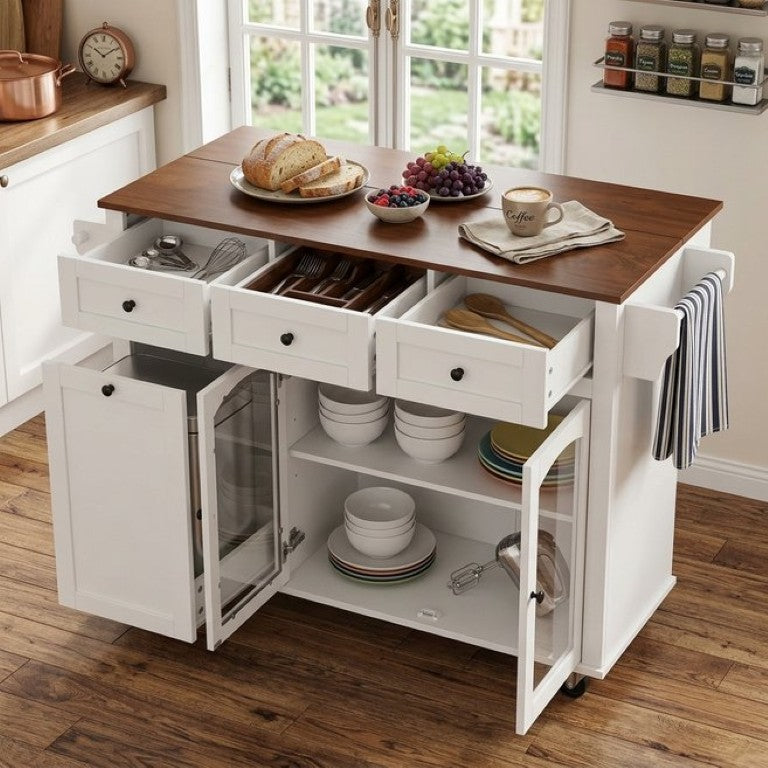 English Elm 54.2 Inch Rolling Kitchen Island with Glass Cabinet Open Shelves and Built in Prep Storage White+Walnut N767P426850W