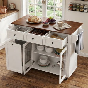 English Elm 54.2 Inch Rolling Kitchen Island with Glass Cabinet Open Shelves and Built in Prep Storage White+Walnut N767P426850W