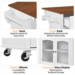 English Elm 54.2 Inch Rolling Kitchen Island with Glass Cabinet Open Shelves and Built in Prep Storage White+Walnut N767P426850W