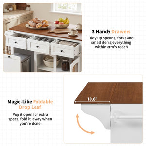 English Elm 54.2 Inch Rolling Kitchen Island with Glass Cabinet Open Shelves and Built in Prep Storage White+Walnut N767P426850W