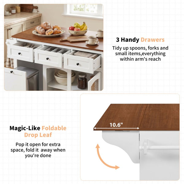 English Elm 54.2 Inch Rolling Kitchen Island with Glass Cabinet Open Shelves and Built in Prep Storage White+Walnut N767P426850W