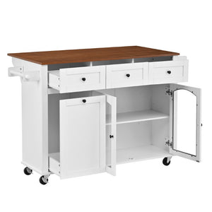 English Elm 54.2 Inch Rolling Kitchen Island with Glass Cabinet Open Shelves and Built in Prep Storage White+Walnut N767P426850W