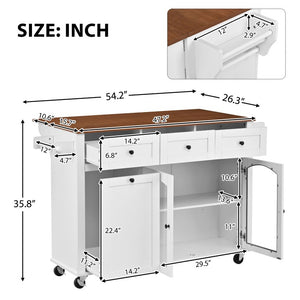 English Elm 54.2 Inch Rolling Kitchen Island with Glass Cabinet Open Shelves and Built in Prep Storage White+Walnut N767P426850W