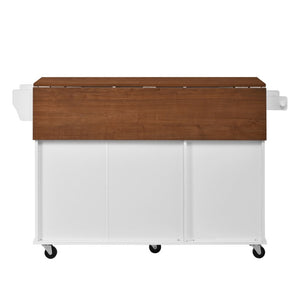 English Elm 54.2 Inch Rolling Kitchen Island with Glass Cabinet Open Shelves and Built in Prep Storage White+Walnut N767P426850W