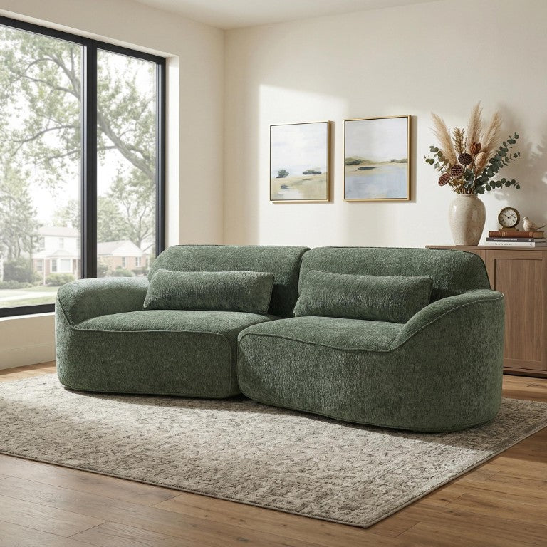 English Elm 95 Inch Curved Sectional Sofa with Chaise Plush Wool-Like Fabric Retro Modern Living Room Green N767P437336G