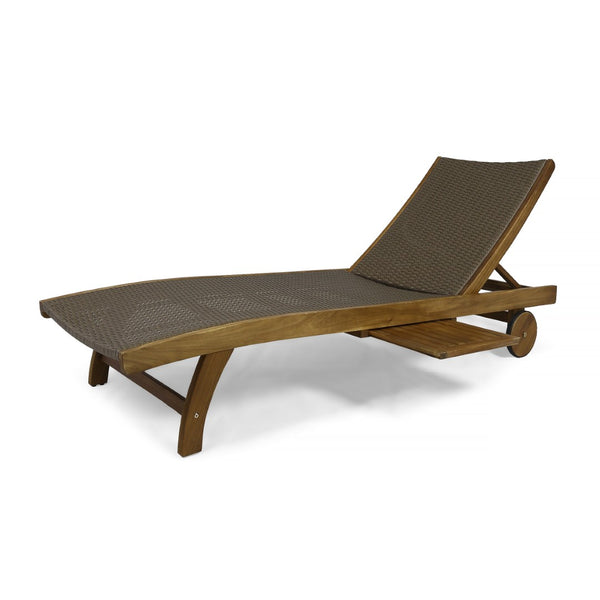 English Elm Banzai Acacia Wood Pe Wicker Outdoor Chaise Lounge Set with Pull Out Side Tray N767P441911B