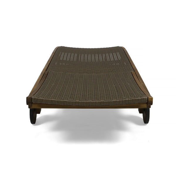 English Elm Banzai Acacia Wood Pe Wicker Outdoor Chaise Lounge Set with Pull Out Side Tray N767P441911B