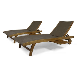 English Elm Banzai Acacia Wood Pe Wicker Outdoor Chaise Lounge Set with Pull Out Side Tray N767P441911B