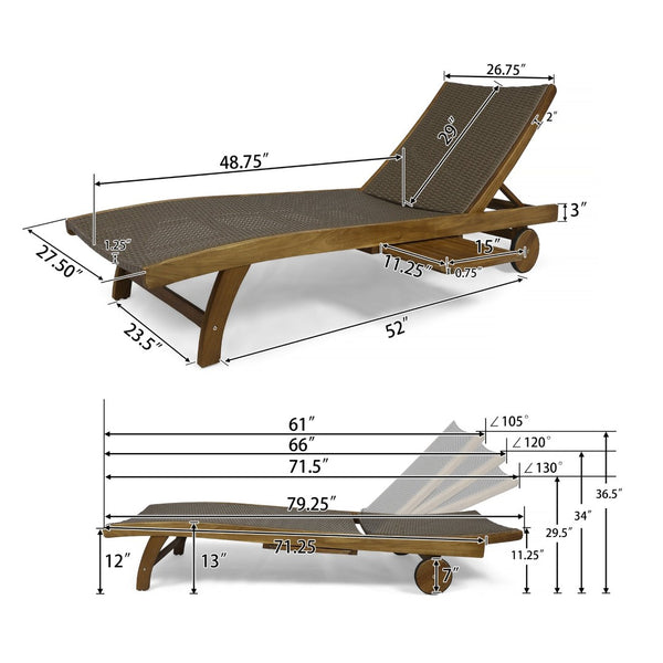 English Elm Banzai Acacia Wood Pe Wicker Outdoor Chaise Lounge Set with Pull Out Side Tray N767P441911B