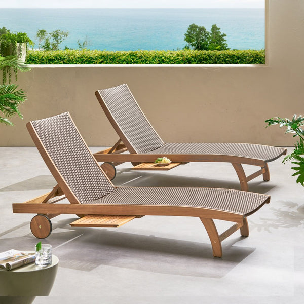 English Elm Banzai Acacia Wood Pe Wicker Outdoor Chaise Lounge Set with Pull Out Side Tray N767P441911B