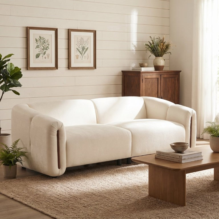 English Elm 87.4 Inch Curved Boucle Sofa with Wood Slit Armrests and Deep Foam Seats for Living Room Beige N767P444952B