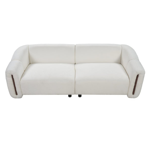 English Elm 87.4 Inch Curved Boucle Sofa with Wood Slit Armrests and Deep Foam Seats for Living Room Beige N767P444952B