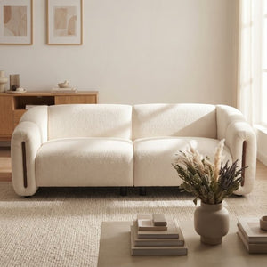 English Elm 87.4 Inch Curved Boucle Sofa with Wood Slit Armrests and Deep Foam Seats for Living Room Beige N767P444952B