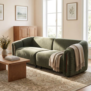 English Elm 87.4 Inch Curved Boucle Sofa with Wood Slit Armrests and Deep Foam Seat for Living Room 87.4 inches N767P444952G