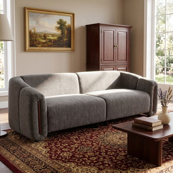 English Elm 87.4 Inch Curved Boucle Sofa with Wood Slit Armrests and Deep Foam Seats for Living Room Espresso N767P444952L