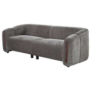 English Elm 87.4 Inch Curved Boucle Sofa with Wood Slit Armrests and Deep Foam Seats for Living Room Espresso N767P444952L