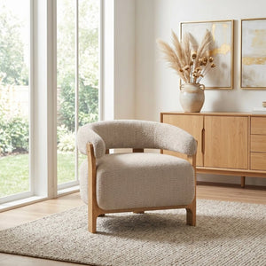 English Elm 28.7 Inch Boucle Barrel Accent Chair Mid-Century Solid Wood Legs Cozy Living Room Seat N767P449785L