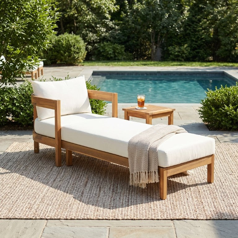 English Elm 78 Inch Acacia Hardwood Outdoor Chaise Lounge Sculptural Single Arm Poolside Recliner N767P500078T