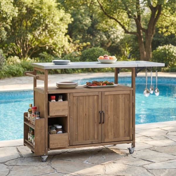 English Elm 54.33 Inch Solid Fir Outdoor Kitchen Cart with Stainless Steel Top and Locking Wheels N767P528183A