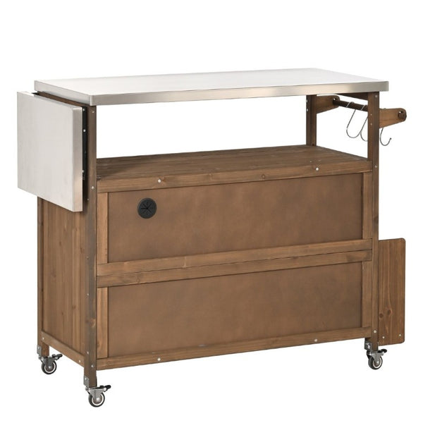 English Elm 54.33 Inch Solid Fir Outdoor Kitchen Cart with Stainless Steel Top and Locking Wheels N767P528183A