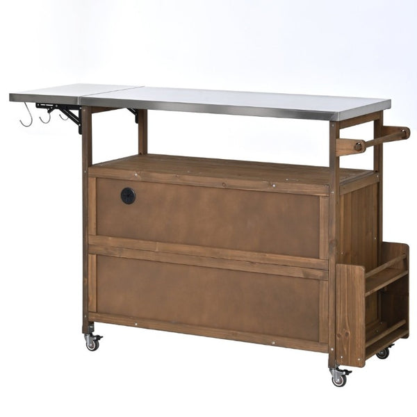English Elm 54.33 Inch Solid Fir Outdoor Kitchen Cart with Stainless Steel Top and Locking Wheels N767P528183A