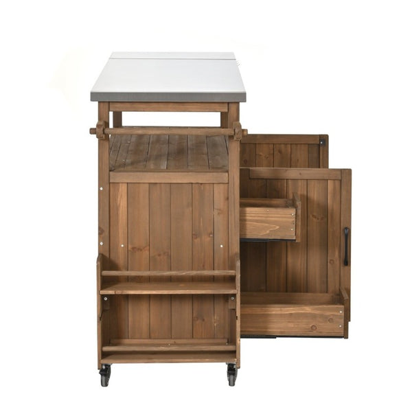 English Elm 54.33 Inch Solid Fir Outdoor Kitchen Cart with Stainless Steel Top and Locking Wheels N767P528183A