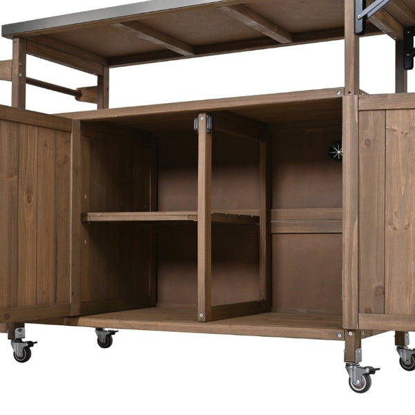 English Elm 54.33 Inch Solid Fir Outdoor Kitchen Cart with Stainless Steel Top and Locking Wheels N767P528183A