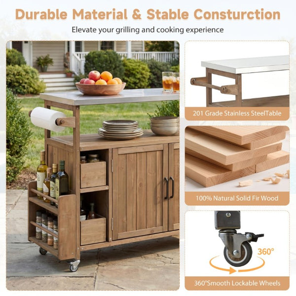 English Elm 54.33 Inch Solid Fir Outdoor Kitchen Cart with Stainless Steel Top and Locking Wheels N767P528183A