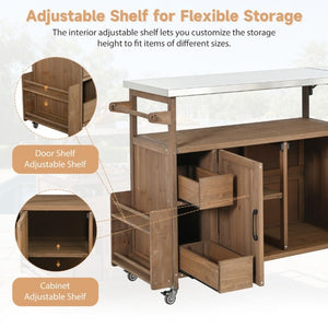 English Elm 54.33 Inch Solid Fir Outdoor Kitchen Cart with Stainless Steel Top and Locking Wheels N767P528183A