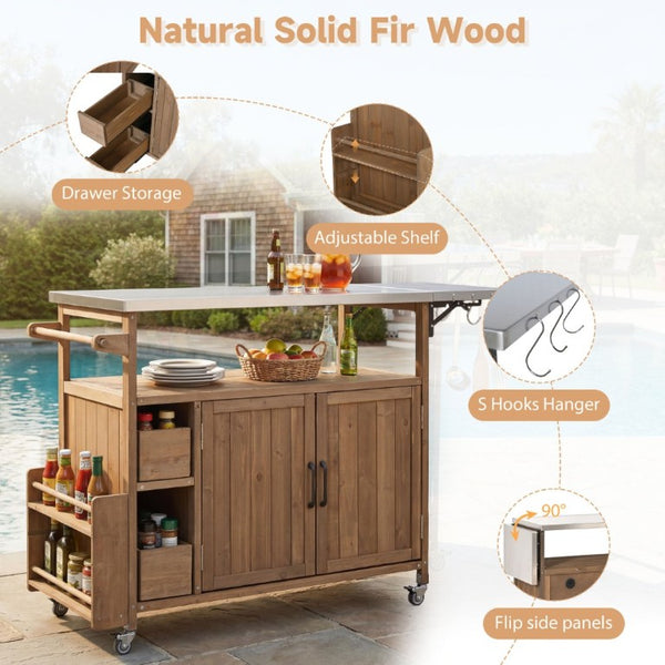 English Elm 54.33 Inch Solid Fir Outdoor Kitchen Cart with Stainless Steel Top and Locking Wheels N767P528183A